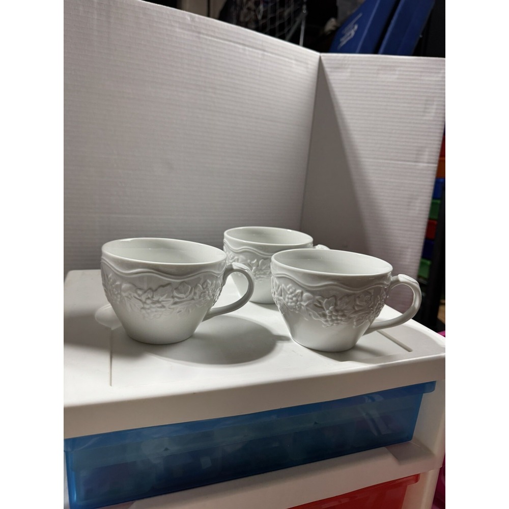 Coventry Vineyard Coffee Mugs White with Embossed Grapes Set of 3